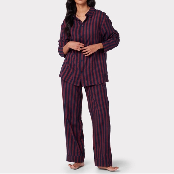 Unisex Flannel Red & Navy Stripe Print Pyjama Shirt - Picture 2 of 4